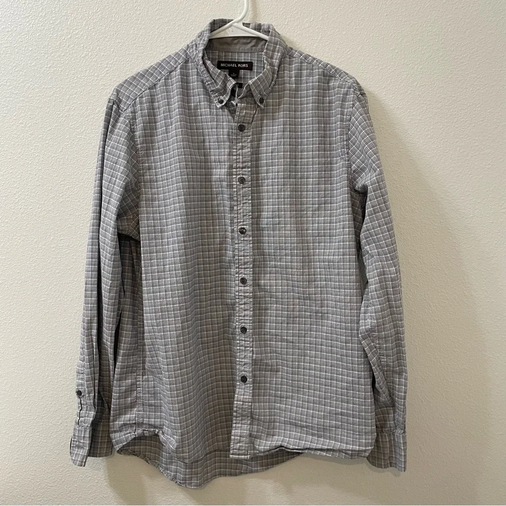 Michael kors classic fit checkered button down gray large